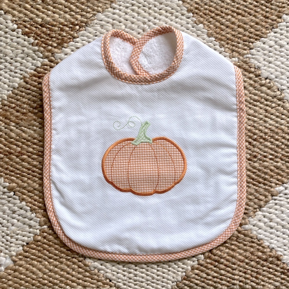 NWT 3Marthas White Cotton Baby Bib with Orange & White Gingham Pumpkin Appliqué